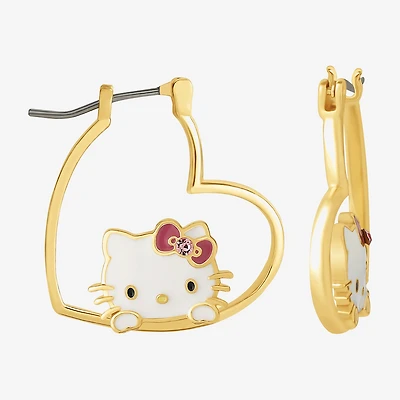 Womens Pink Crystal 18K Gold Over Brass 26.1mm Heart Hello Kitty Hoop Earrings