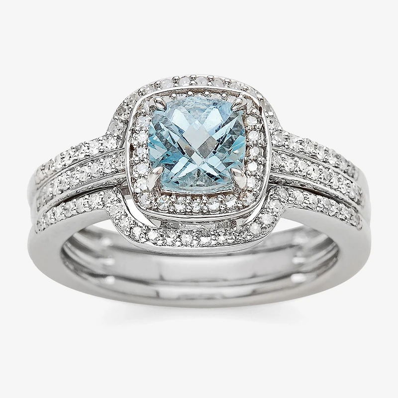 Genuine Aquamarine and 3/8 CT. T.W. Diamond Sterling Silver Ring