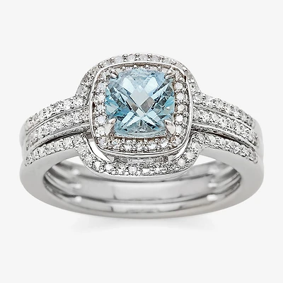 Genuine Aquamarine and 3/8 CT. T.W. Diamond Sterling Silver Ring