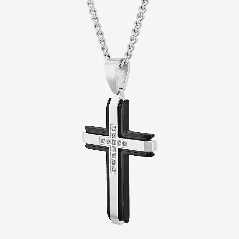 (G-H / I1) Mens 1/5 CT. Lab Grown White Diamond Stainless Steel Cross 24 Inch Pendant Necklace