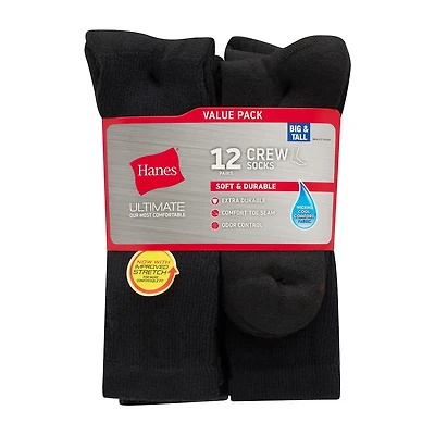 Hanes Ultimate Mens 12 Pair Big and Tall Crew Socks