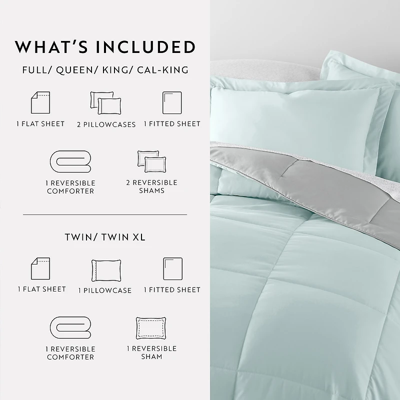 Casual Comfort Reversible Microfiber Down Alternative Complete Bedding Set with Sheets