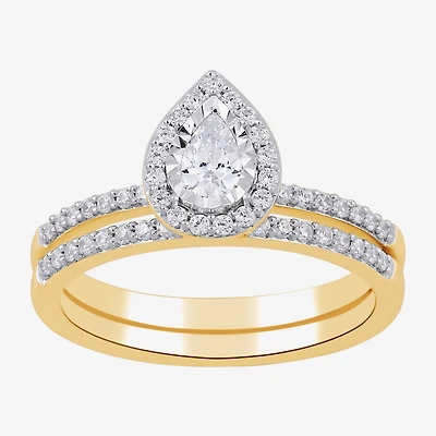 (H / I1-I2) Womens 5/8 CT. T.W. Lab Grown White Diamond 14K Gold Over Silver Pear Side Stone Halo Bridal Set