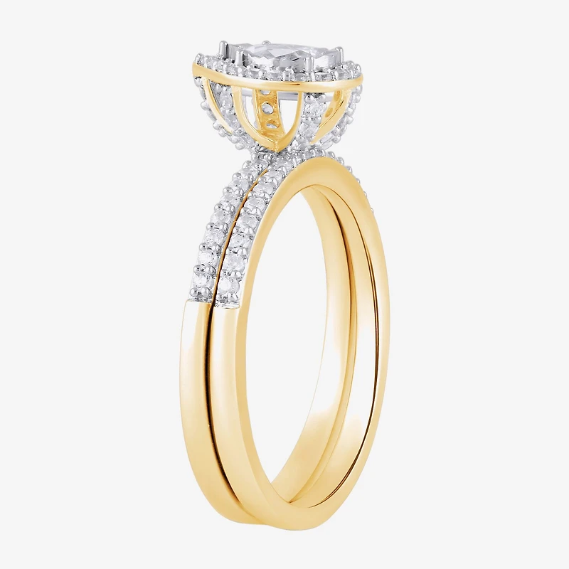 (H / I1-I2) Womens 5/8 CT. T.W. Lab Grown White Diamond 14K Gold Over Silver Pear Side Stone Halo Bridal Set