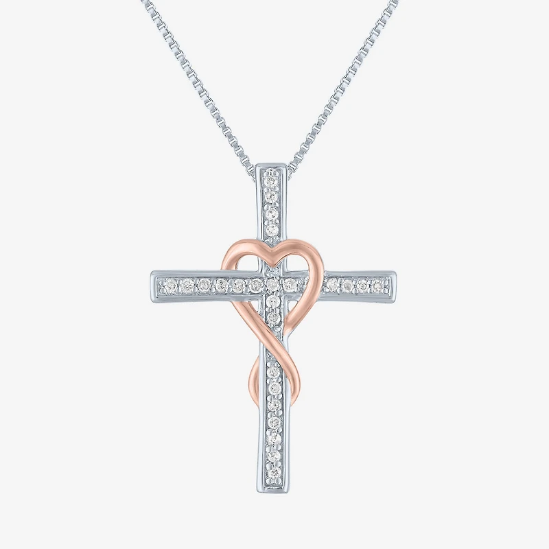 Womens 1/10 CT. T.W. Natural White Diamond 14K Rose Gold Over Silver Sterling Silver Cross 18 Inch Pendant Necklace