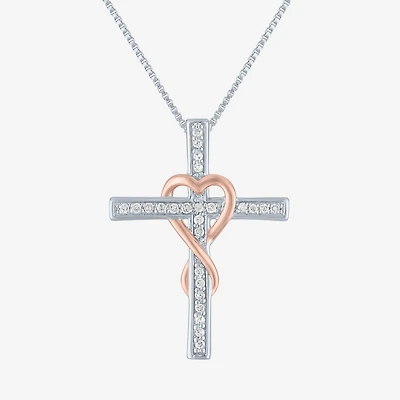Womens 1/10 CT. T.W. Natural White Diamond 14K Rose Gold Over Silver Sterling Silver Cross 18 Inch Pendant Necklace