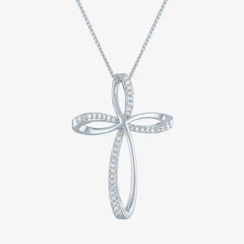 Womens 1/10 CT. T.W. Natural White Diamond Sterling Silver Cross 18 Inch Pendant Necklace