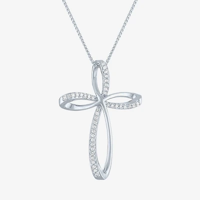 Womens 1/10 CT. T.W. Natural White Diamond Sterling Silver Cross 18 Inch Pendant Necklace