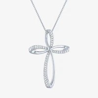 Womens 1/10 CT. T.W. Natural White Diamond Sterling Silver Cross 18 Inch Pendant Necklace