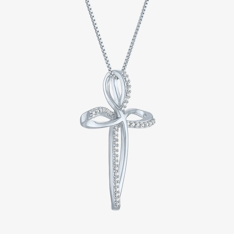 Womens 1/10 CT. T.W. Natural White Diamond Sterling Silver Cross 18 Inch Pendant Necklace