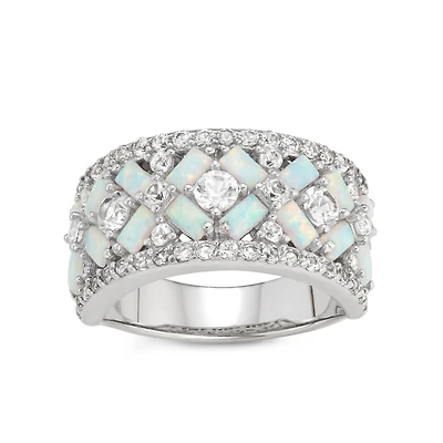 Womens 6MM Lab Created White Opal Sterling Silver Band