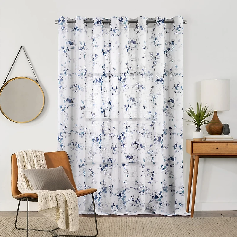 Fieldcrest Arden Watercolor Bouquet Cotton Grommet Top Sheer Single Curtain Panel