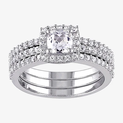 Modern Bride Gemstone Womens Diamond Accent Lab Created White Sapphire Sterling Silver Cushion Halo Bridal Set