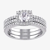 Modern Bride Gemstone Womens Diamond Accent Lab Created White Sapphire Sterling Silver Cushion Halo Bridal Set