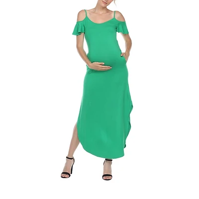 White Mark Womens Maternity Halter Neck Short Sleeve Cold Shoulder Maxi Dress