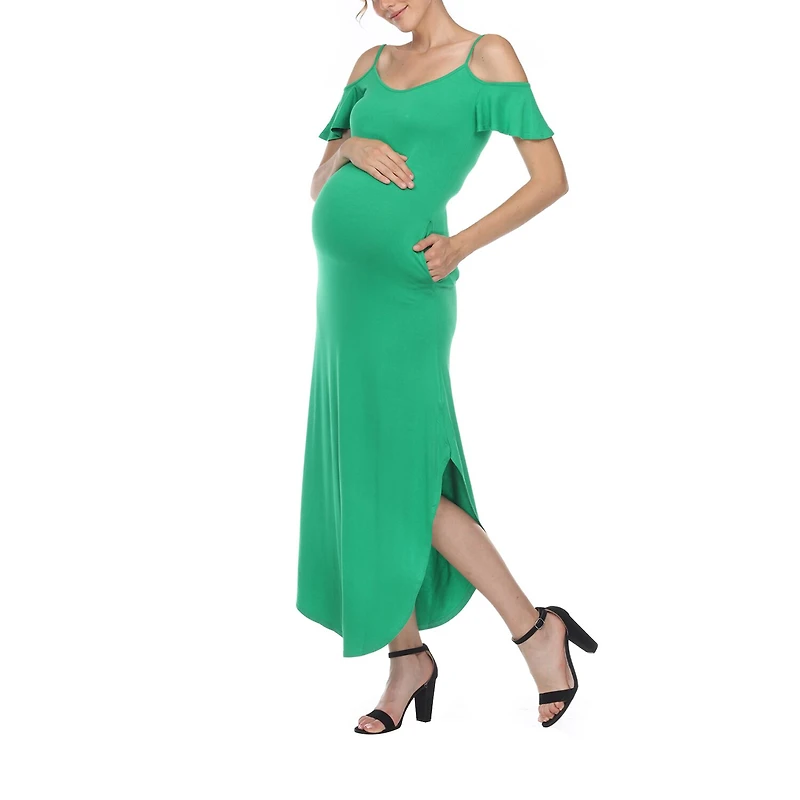 White Mark Womens Maternity Halter Neck Short Sleeve Cold Shoulder Maxi Dress