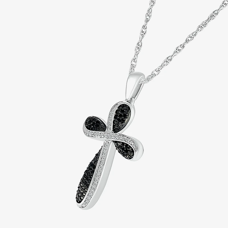 Womens 1/4 CT. T.W. Natural Black Diamond 14K Gold Cross 18 Inch Pendant Necklace