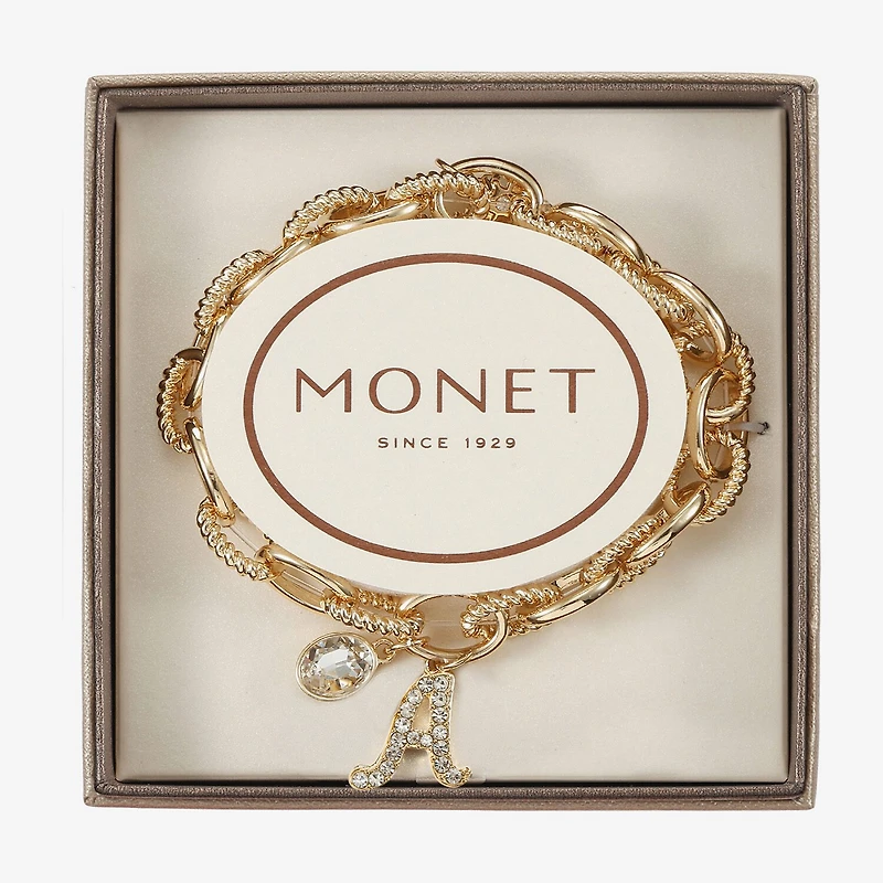 Monet Jewelry Gold Tone Initial Stretch Womens Glass Oval Charm Bracelet
