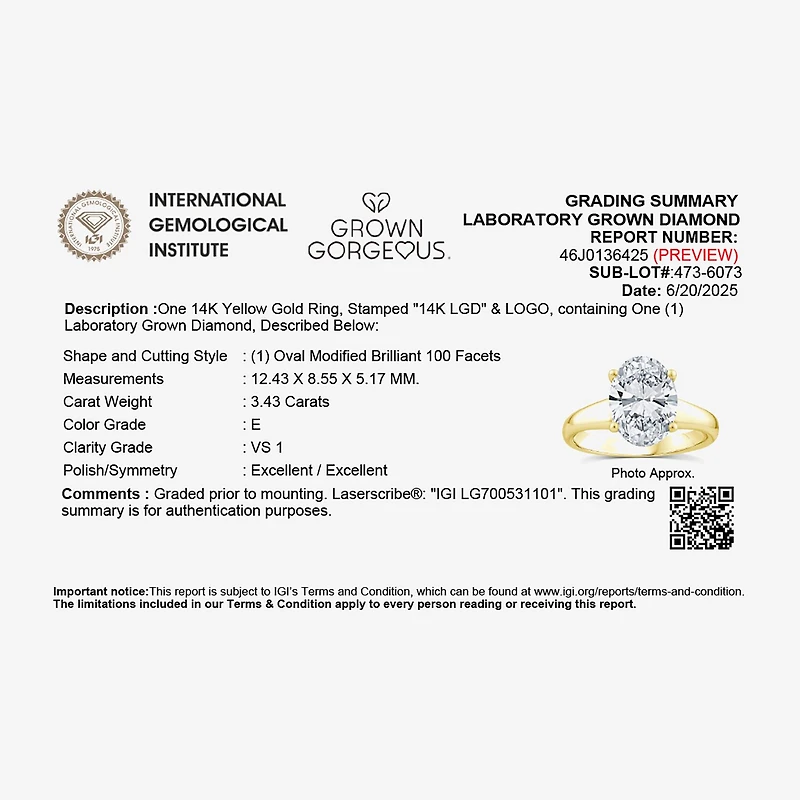 Grown Gorgeous (F,Vs2) Womens 3 3/8 Ct. Lab White Diamond 14K Gold or Platinum Oval Solitaire Engagement Ring