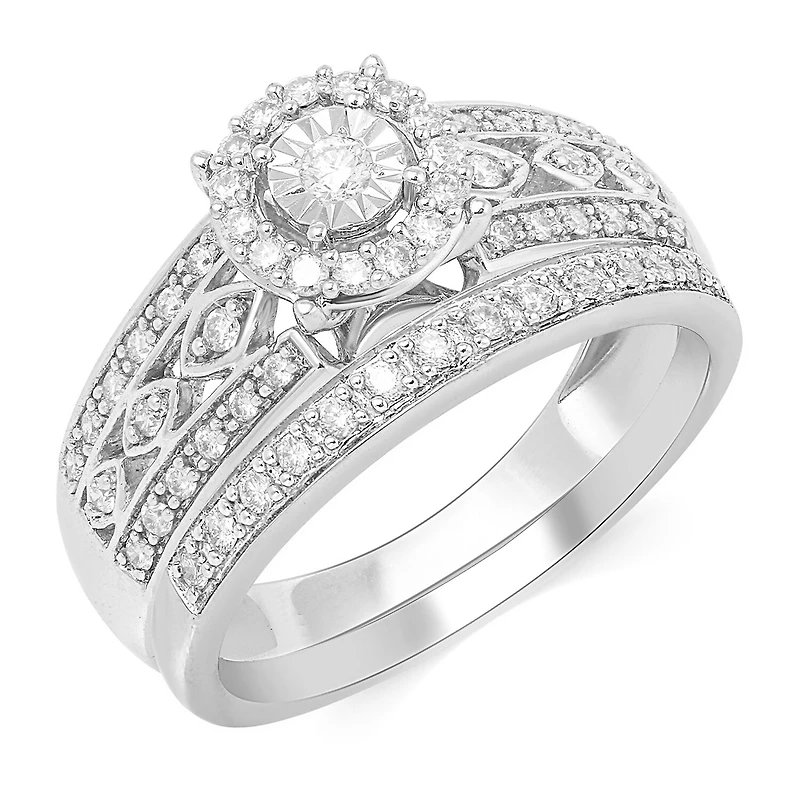 Womens 3/8 CT. T.W. Natural Diamond 10K Gold Round Side Stone Halo Bridal Set