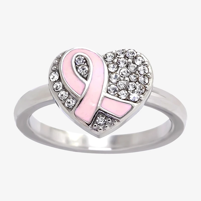 Sparkle Allure Breast Cancer Awareness Womens Crystal Stainless Steel Cocktail Ring
