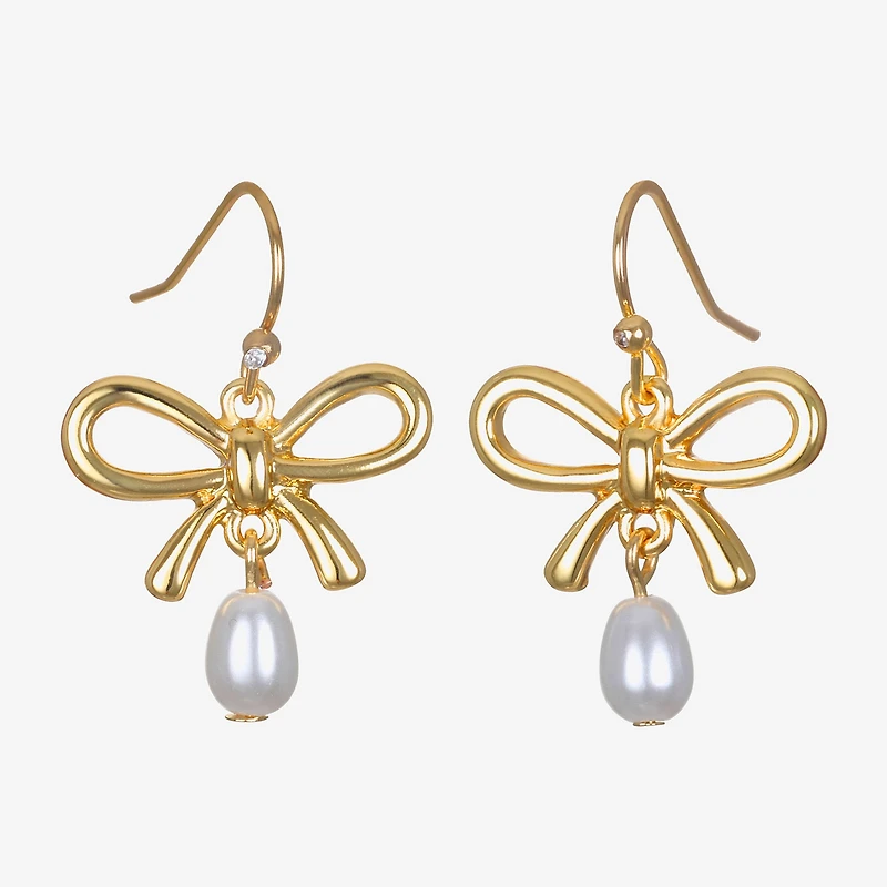 Bijoux Bar Delicates Gold Tone Womens Simulated Pearl Bow Drop Earrings