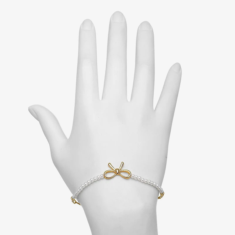 Bijoux Bar Delicates Gold Tone Womens Simulated Pearl Bow Bolo Bracelet