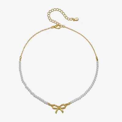 Bijoux Bar Delicates Gold Tone Womens Simulated Pearl Bow 16 Inch Pendant Necklace