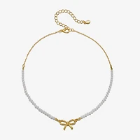 Bijoux Bar Delicates Gold Tone Womens Simulated Pearl Bow 16 Inch Pendant Necklace