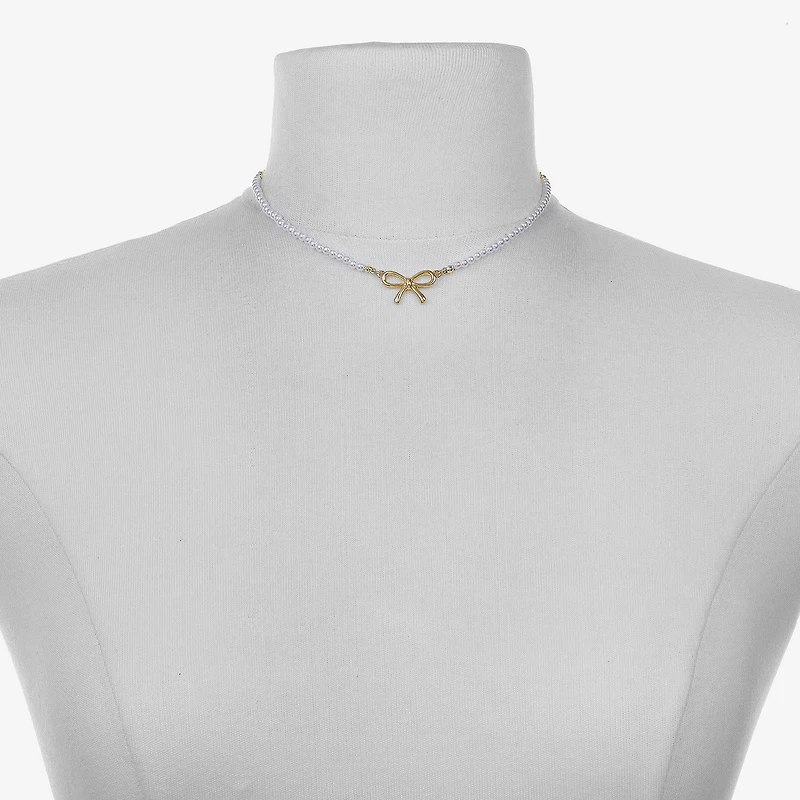 Bijoux Bar Delicates Gold Tone Womens Simulated Pearl Bow 16 Inch Pendant Necklace