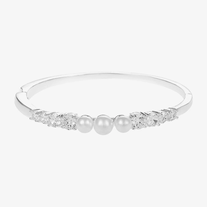 Sparkle Allure Womens Cubic Zirconia Simulated Pearl Pure Silver Over Brass Round Bangle Bracelet