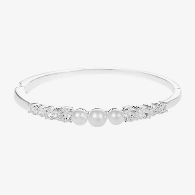 Sparkle Allure Womens Cubic Zirconia Simulated Pearl Pure Silver Over Brass Round Bangle Bracelet