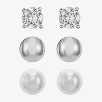 Monet® Simulated Pearl and Crystal Silver-Tone 3 pr. Stud Earring Set