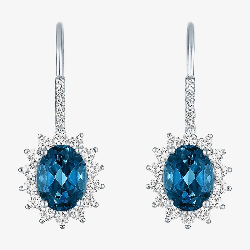 Womens Genuine Blue Topaz Sterling Silver Oval Drop Earrings