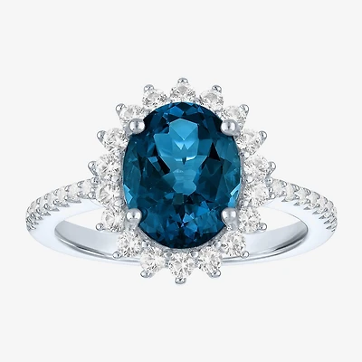 Womens Genuine Blue Topaz Sterling Silver Oval Halo Side Stone Cocktail Ring