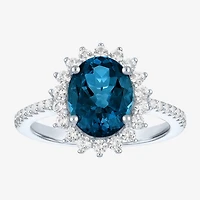 Womens Genuine Blue Topaz Sterling Silver Oval Halo Side Stone Cocktail Ring