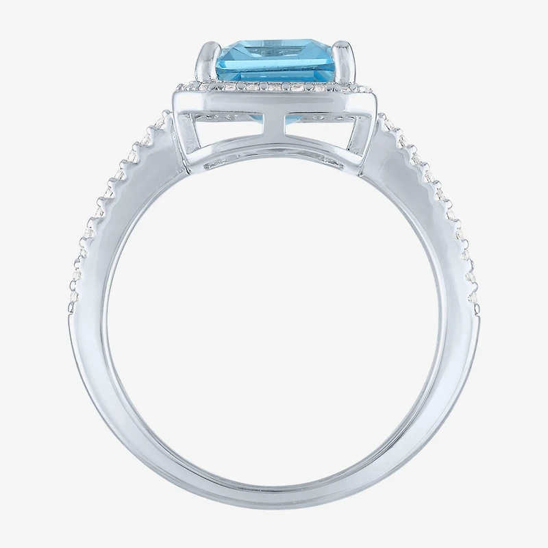 Womens Genuine Blue Topaz Sterling Silver Halo Side Stone Cocktail Ring