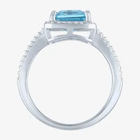 Womens Genuine Blue Topaz Sterling Silver Halo Side Stone Cocktail Ring