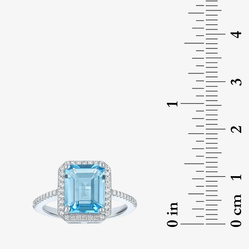 Womens Genuine Blue Topaz Sterling Silver Halo Side Stone Cocktail Ring