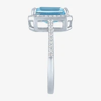 Womens Genuine Blue Topaz Sterling Silver Halo Side Stone Cocktail Ring