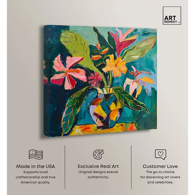 ART REMEDY® "Vase Of Bright Tropical Flowers Ii" Giclee Floral And Botanical Canvas Art