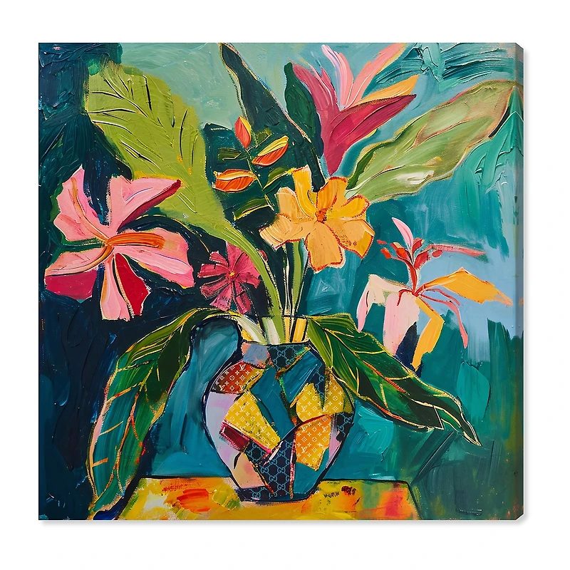 ART REMEDY® "Vase Of Tropical Flowers Ii" Giclee Floral And Botanical Canvas Art