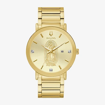Bulova Our Lady Of Guadalupe / Nuestra Señora De Guadalupe Mens Crystal Accent Gold Tone Stainless Steel Bracelet Watch 97d136