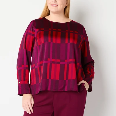 Liz Claiborne Womens Plus Round Neck Long Sleeve Satin Blouse