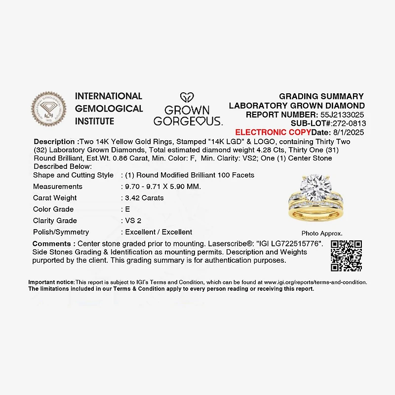 Grown Gorgeous Vs2, F Womens 4 1/4 CT. T.W. Lab White Diamond 14K Gold or Platinum Round Side Stone Bridal Set