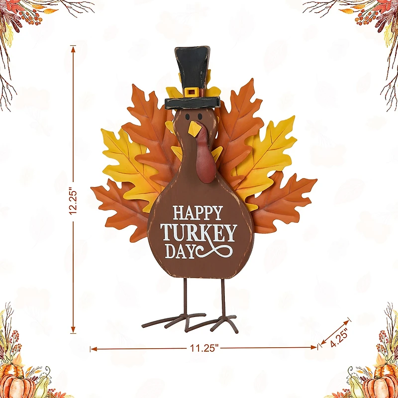 Glitzhome 12.25" Wooden & Metal Turkey Thanksgiving Tabletop Decor