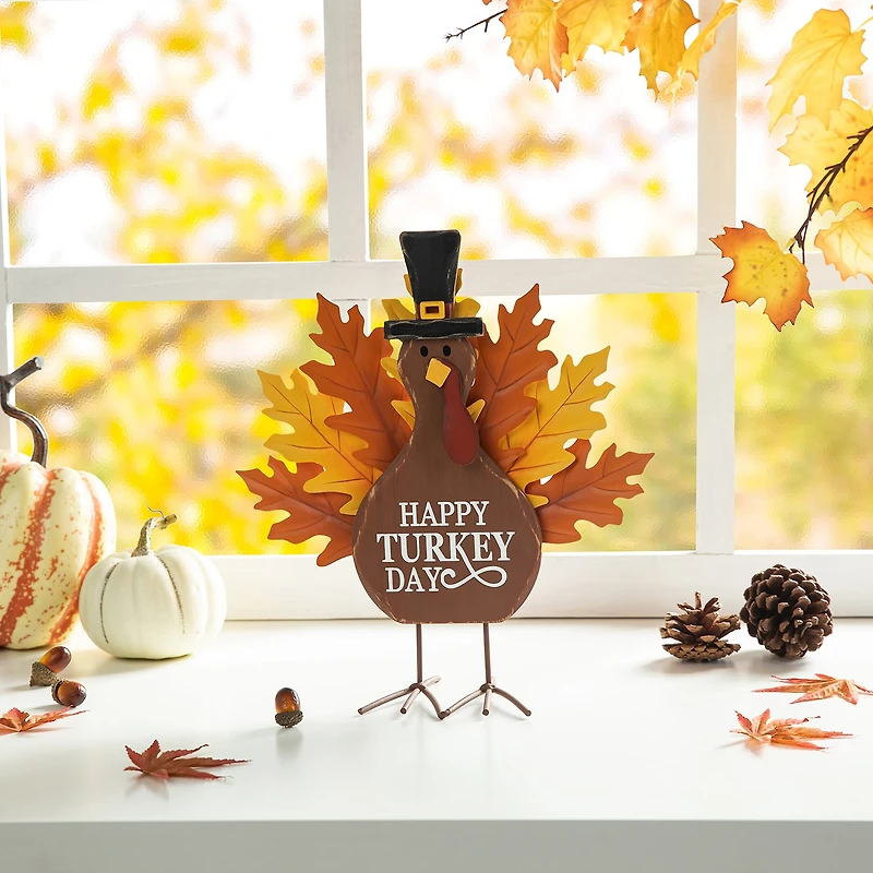 Glitzhome 12.25" Wooden & Metal Turkey Thanksgiving Tabletop Decor