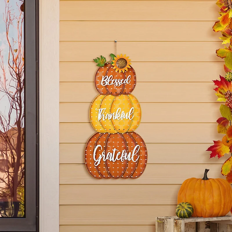 Glitzhome "35.5"" Metal Stacked Pumpkins" Thanksgiving Yard Art
