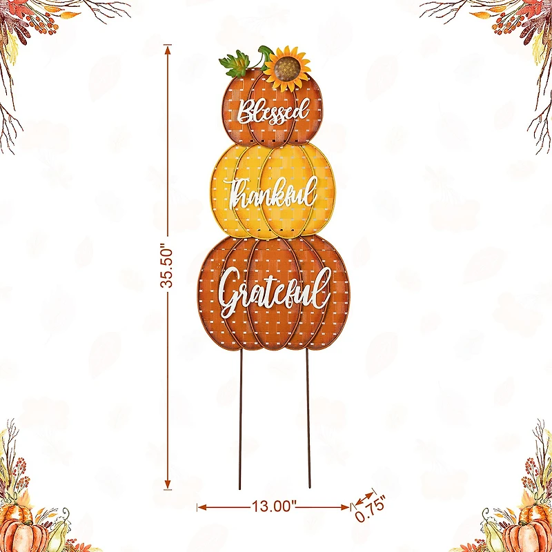 Glitzhome "35.5"" Metal Stacked Pumpkins" Thanksgiving Yard Art
