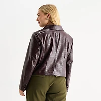 Worthington Womens Plus Faux Leather Lightweight Cropped Jacket